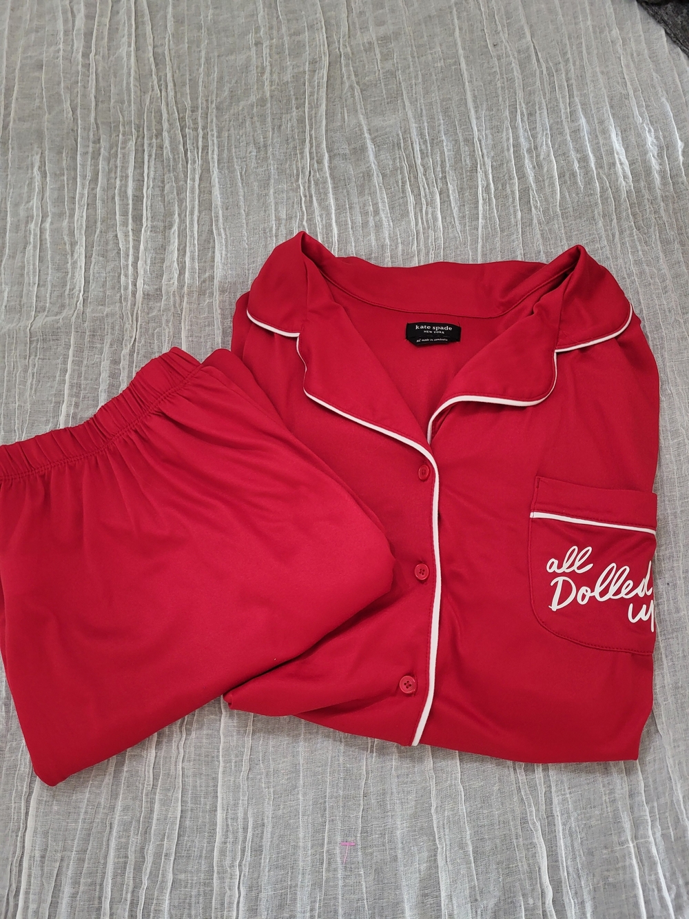 kate spade XL red pajama set with white piping and chest pocket